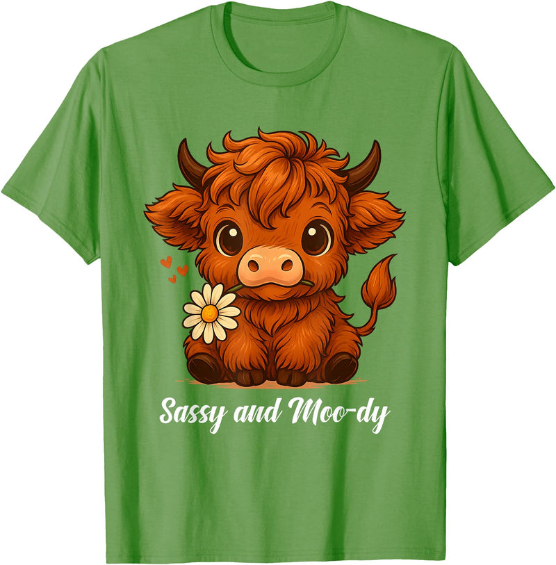 Sassy Moo-dy Cute Highland Cow Tees Sassy and Moo-dy Highland Cow Funny Farm Animal Art T-Shirt - Grass Green