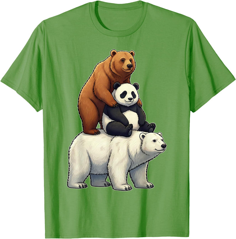 Cute Bear Panda Polar Bear Stack Funny Wildlife Funny Bears Stacked Panda Grizzly Polar Bear Trio Meme Art T-Shirt - Grass Green