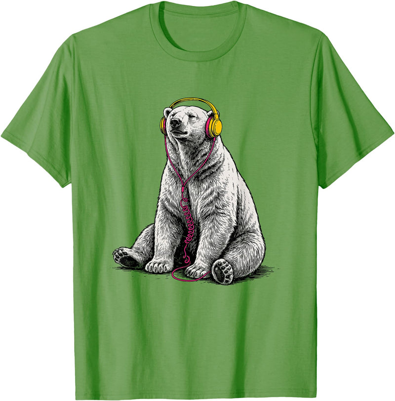 Arctic Wildlife Music Lover Designs Polar Bear Headphones Music Lover Funny Arctic DJ T-Shirt - Grass Green