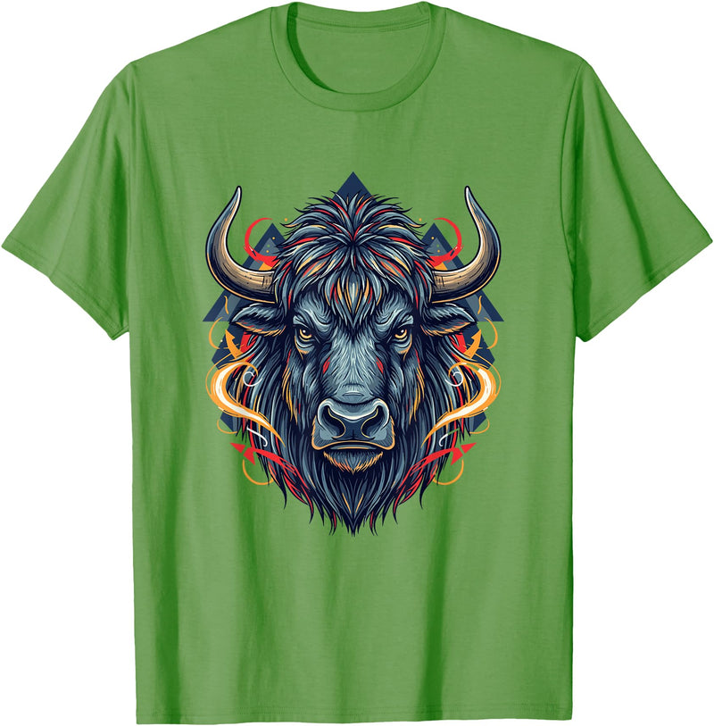 Wild Buffalo Bison Tribal Western Spirit Fierce Wild Bison Head Tribal Geometric Buffalo T-Shirt - Grass Green