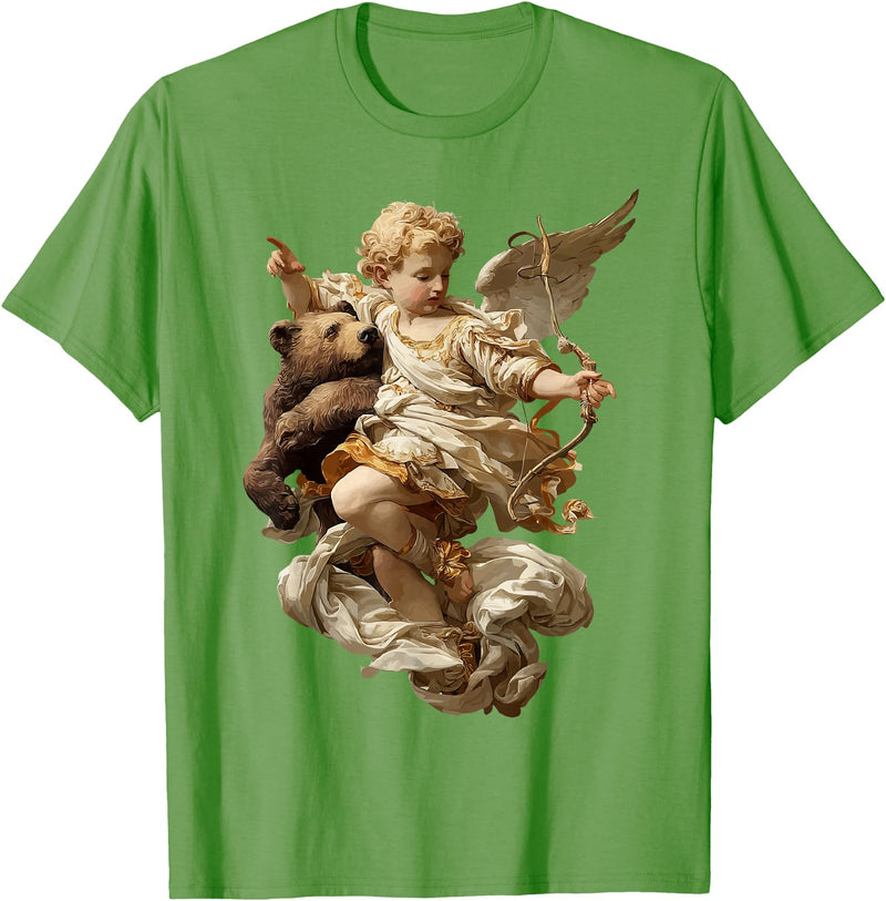 Vintage Angel Aesthetic Classical Art Cute Cherub Angel with Bear Baroque Renaissance Aesthetic T-Shirt - Grass Green