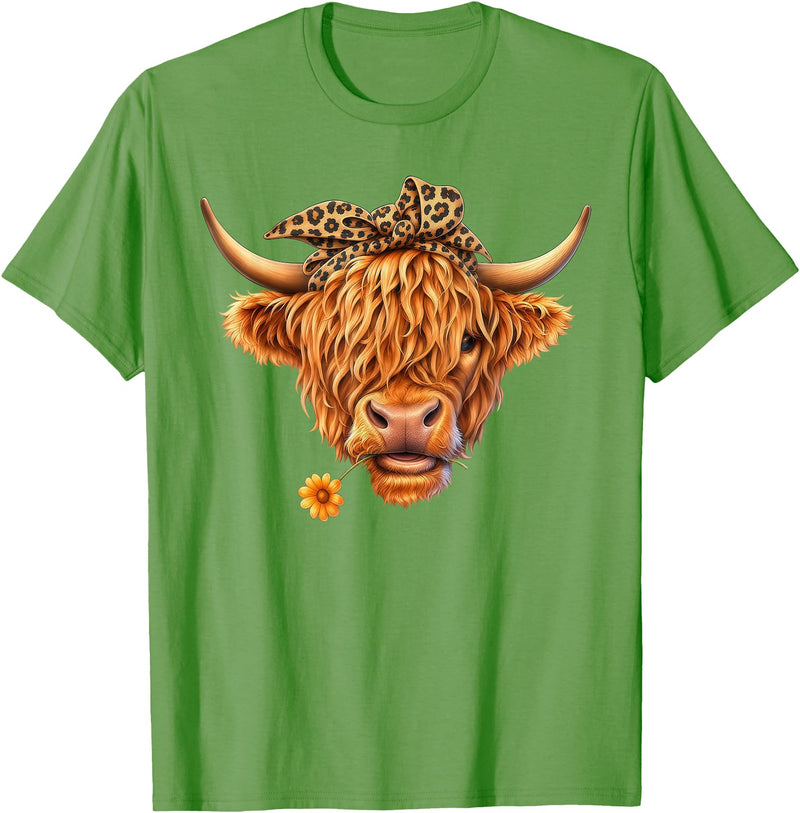 Highland Cow Lover Western Cowgirl Cowboy Farmer Cute Highland Cow Leopard Bow Bandana Western Cowboy Cowgirl T-Shirt -