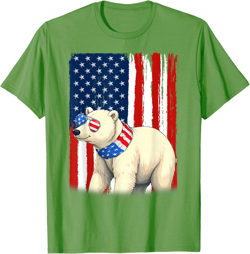 Patriotic USA Flag Polar Bear 4th of July Co. Polar Bear US America Flag Men Women 4th of July Patriotic T-Shirt - Grass Green