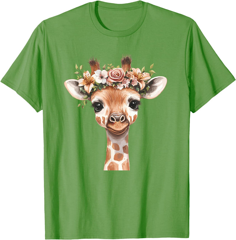 Floral Giraffe Animal Lovers Wild Nature Cute Animal Flower Crown Giraffe T-Shirt - Grass Green