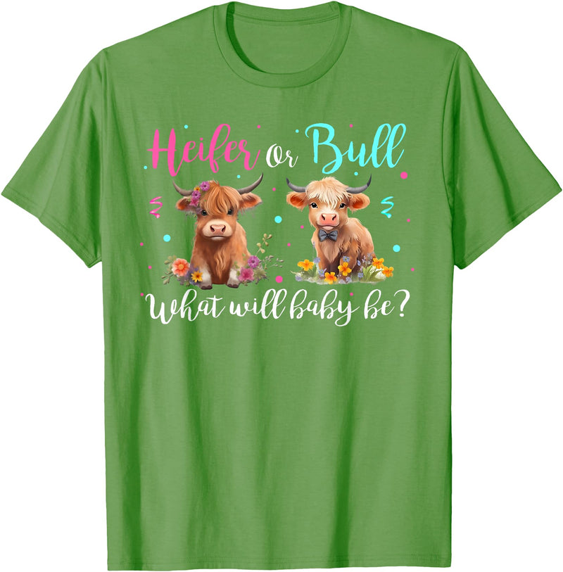 Heifer or Bull Gender Reveal Decorations & Gifts Highland Cow Print Heifer Or Bull Gender Reveal Baby Shower T-Shirt - Grass