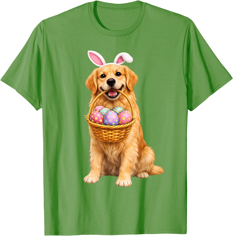 Golden Retriever Bunny Ears Eggs Cute Easter Dogs T-Shirt in Grass Green