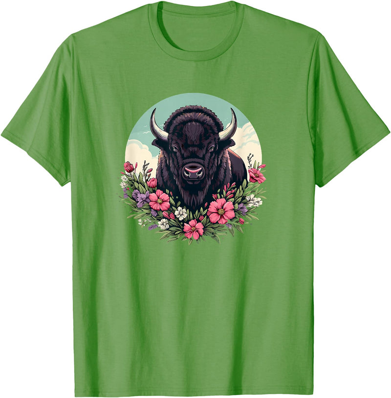 Wild Plains Buffalo Bison Gifts T Shirts & Hoodies Womens Girls Old West Retro Vintage Floral Buffalo Lover T-Shirt - Grass