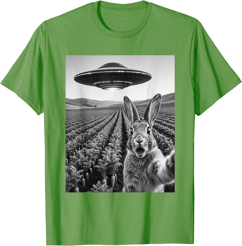 Rabbit Selfie with Alien UFO Funny Rabbit Lover Men Women T-Shirt in Grass Green