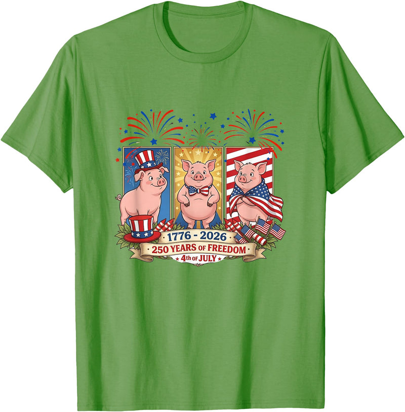 Farmer 4th Of July Costume 1776-2026 Proud 250th Freedom 4th July Three Cute Pigs T-Shirt - Grass Green