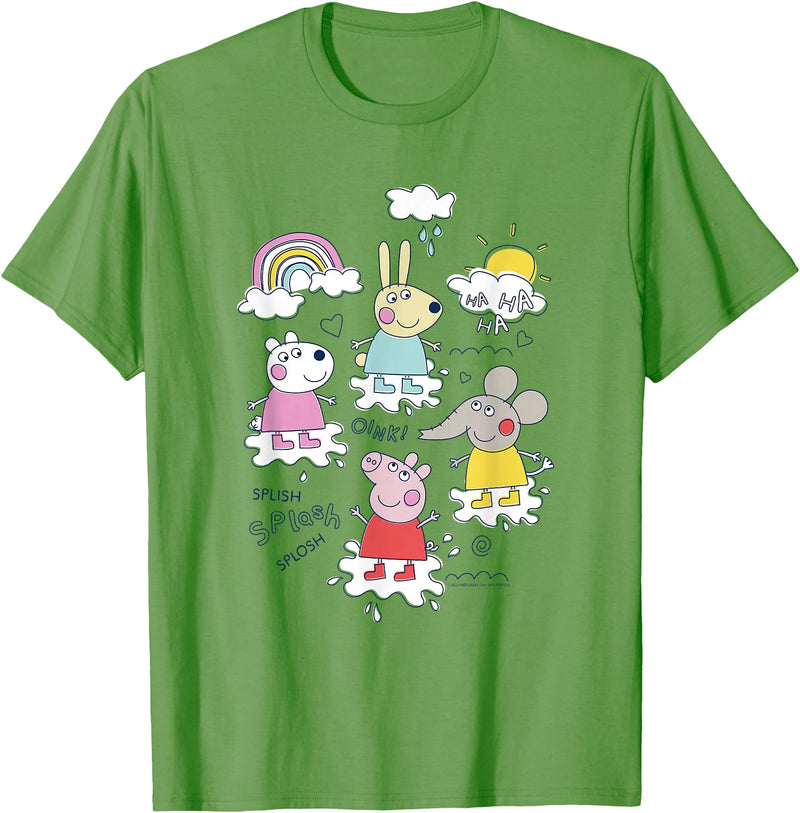 Peppa Pig Splish Splash Splosh Friends Playing In Puddles T-Shirt - Grass Green