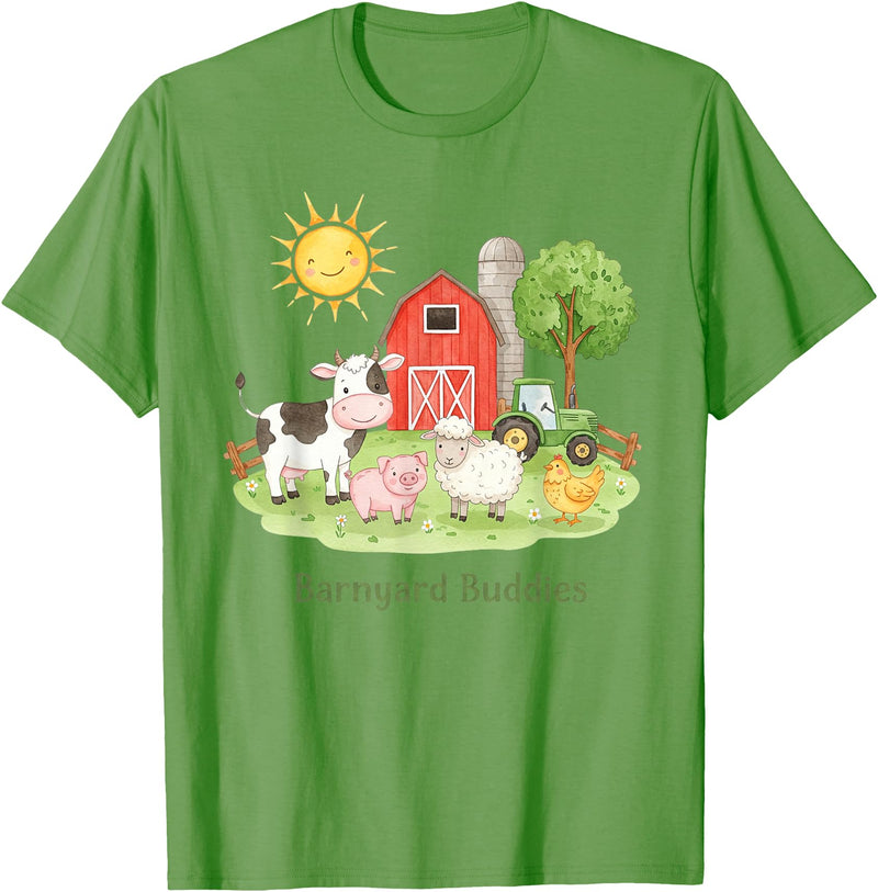 Little Barnyard Farm Apparel For Toddler & Kids Barnyard Buddies Cute Cow Sheep Pig Hen On The Farm Barnyard T-Shirt - Grass Green