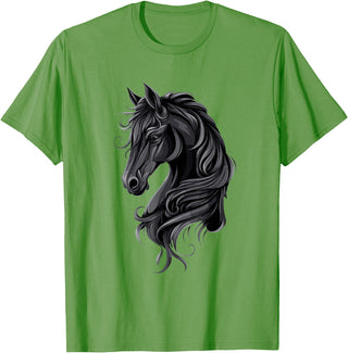 Artful Horse Designs Black Horse Portrait – Friesian Horse T-Shirt - Grass Green