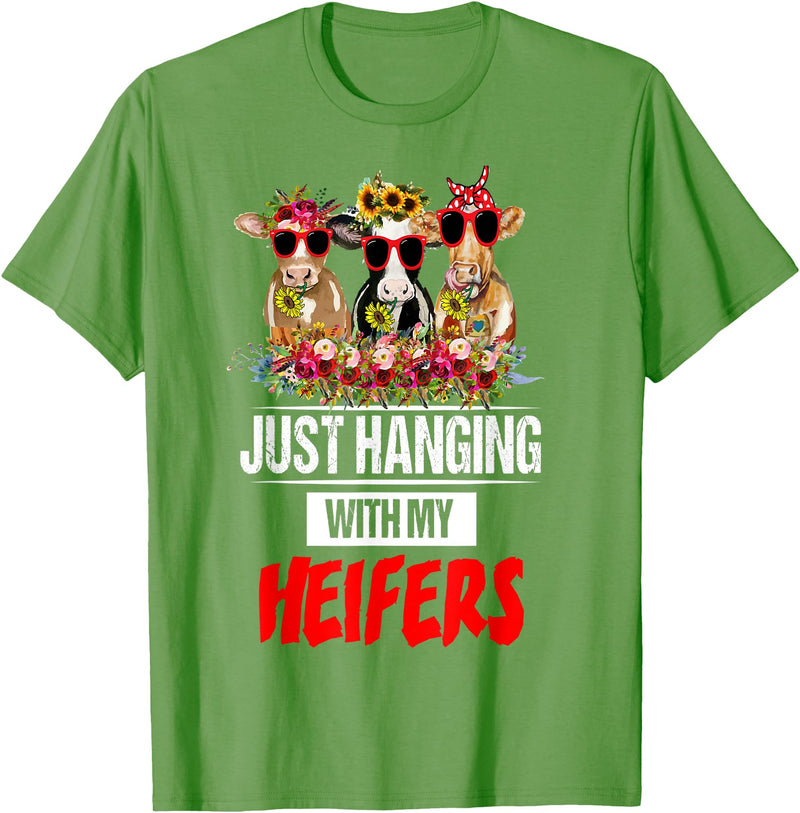 Women's Funny Cows Heifer Farm Animal Just Hanging With My Heifers Cow Farm Animal Lovers Funny T-Shirt - Grass Green