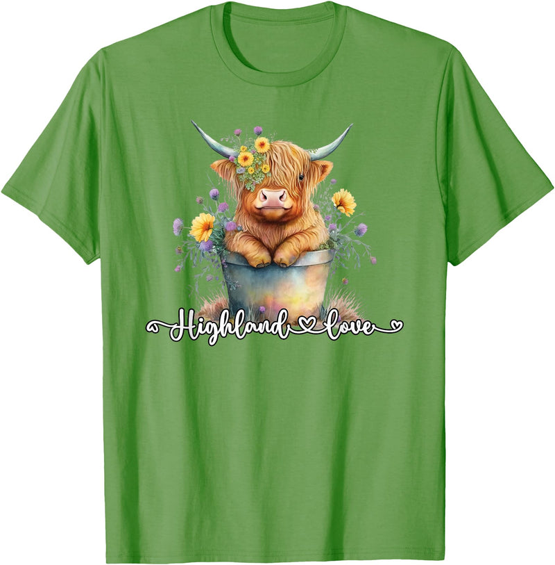 KAEDAM Gifts: Highland Cows Cute Baby Highland Cow Calf Love Spring Pastel Novelty T-Shirt - Grass Green