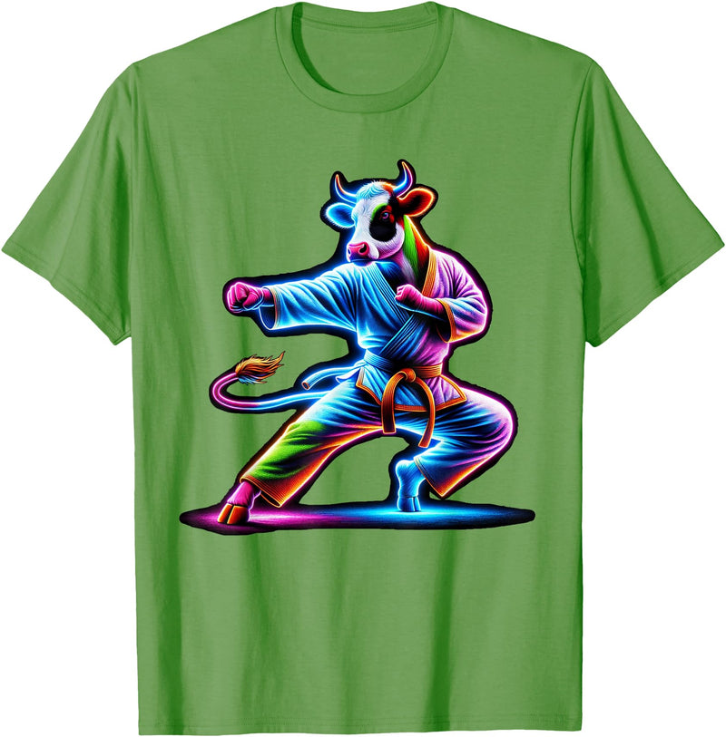Cow Karate Black Belt Apparel Cow Karate Kick Punch Cute Funny Cool Martial Arts Cow T-Shirt - Grass Green