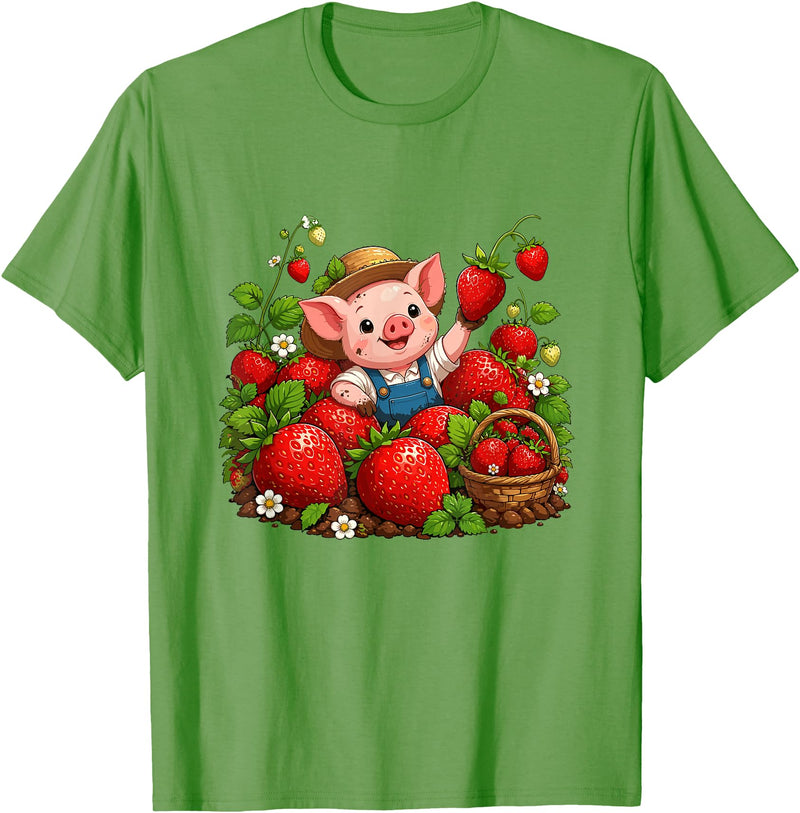 Kawaii Strawberry Piglet Farm Harvest Cute Farmer Pig Strawberry Patch Berry Picking T-Shirt - Grass Green