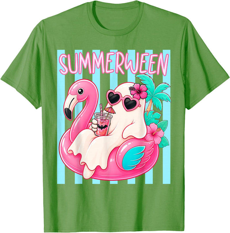 Funny Summerween Ghost Summer Halloween Vacation Summerween Funny Ghost Halloween Summer Floating in Flamingo T-Shirt -