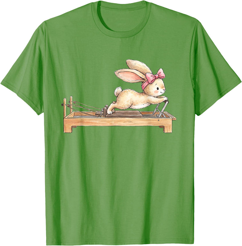 Cute Bunny Doing Pilates Reformer Machine Easter Rabbit T-Shirt in Grass Green