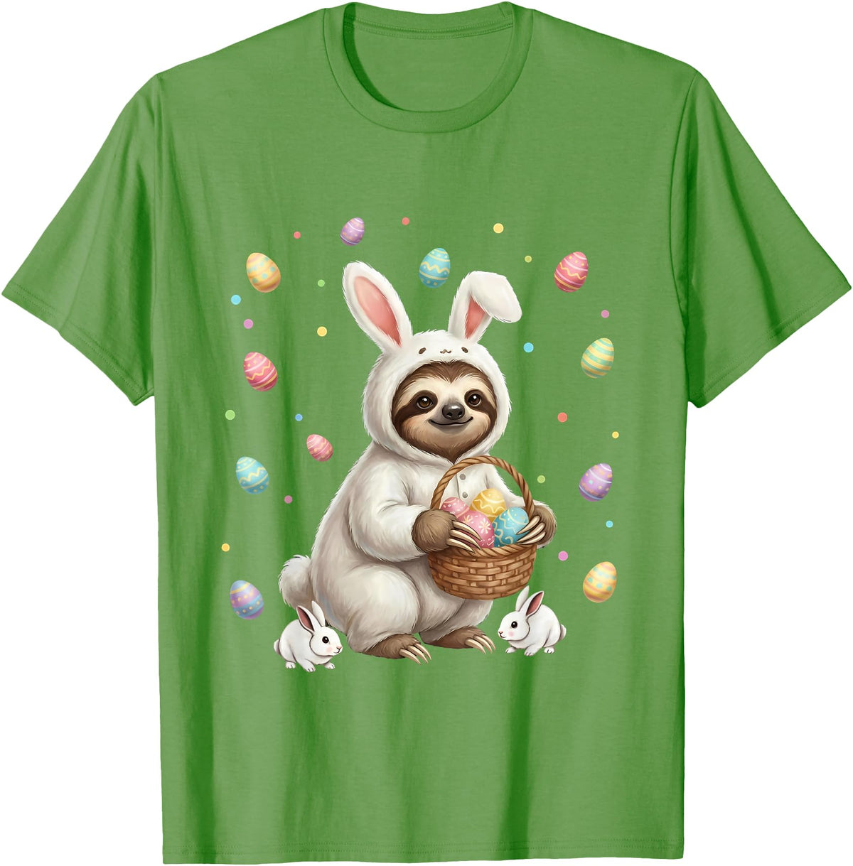 Cute Easter Bunny Rabbit with Eggs Whimsical Sloth Design T-Shirt in Grass Green