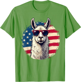 Funny Llama Alpaca Animal Lover Gifts Clothing Llama Alpaca American Flag USA Patriotic T-Shirt - Grass Green