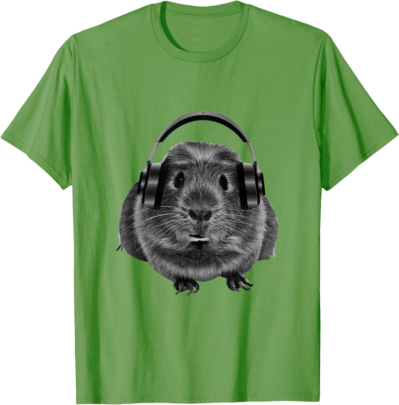 ROSS BOSS Funny Guinea Pig Graphic Tees Guinea Pig Shirt Headphones T-Shirt - Grass Green