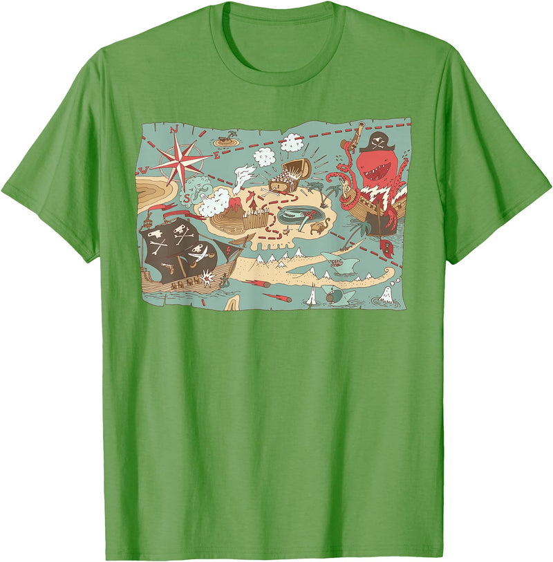 Mel & Bear Treasure Map Ship Sharks Pirates & Skulls Shirt Boys Kids T-Shirt - Grass Green