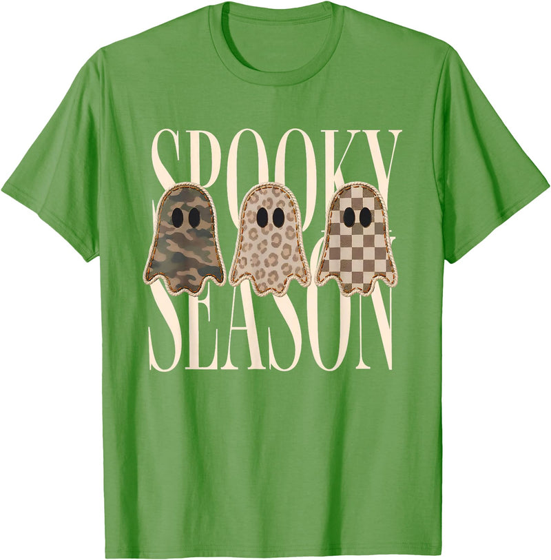 Spooky Season Ghost Halloween Shirt Spooky Season Leopard Camo Checkered Ghost Halloween Fall T-Shirt - Grass Green