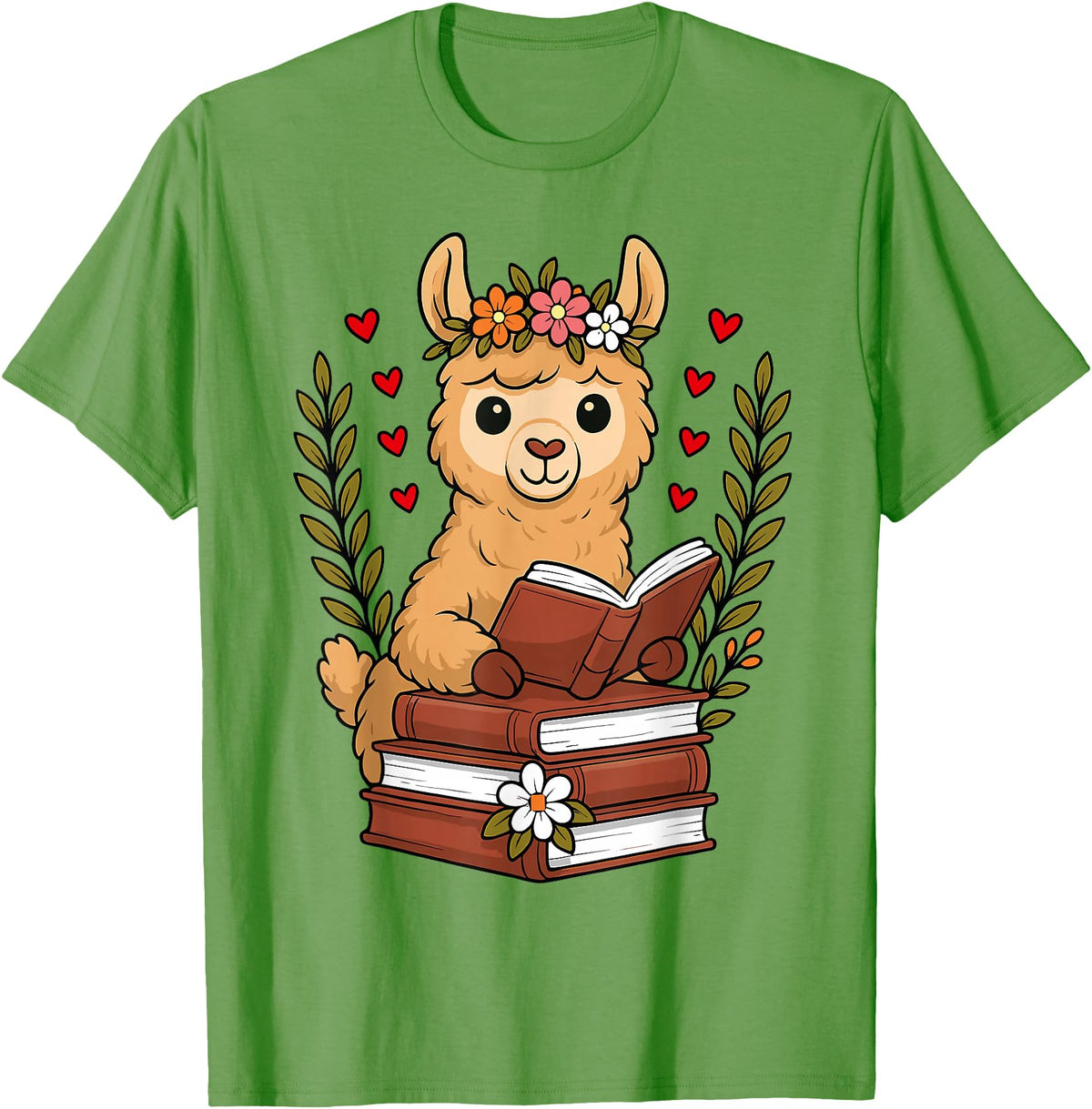 Bookworm Cute Llama Reading Book Llama Reading Book Graphic Llama with Book Floral T-Shirt - Grass Green