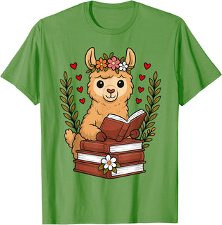 Bookworm Cute Llama Reading Book Llama Reading Book Graphic Llama with Book Floral T-Shirt - Grass Green