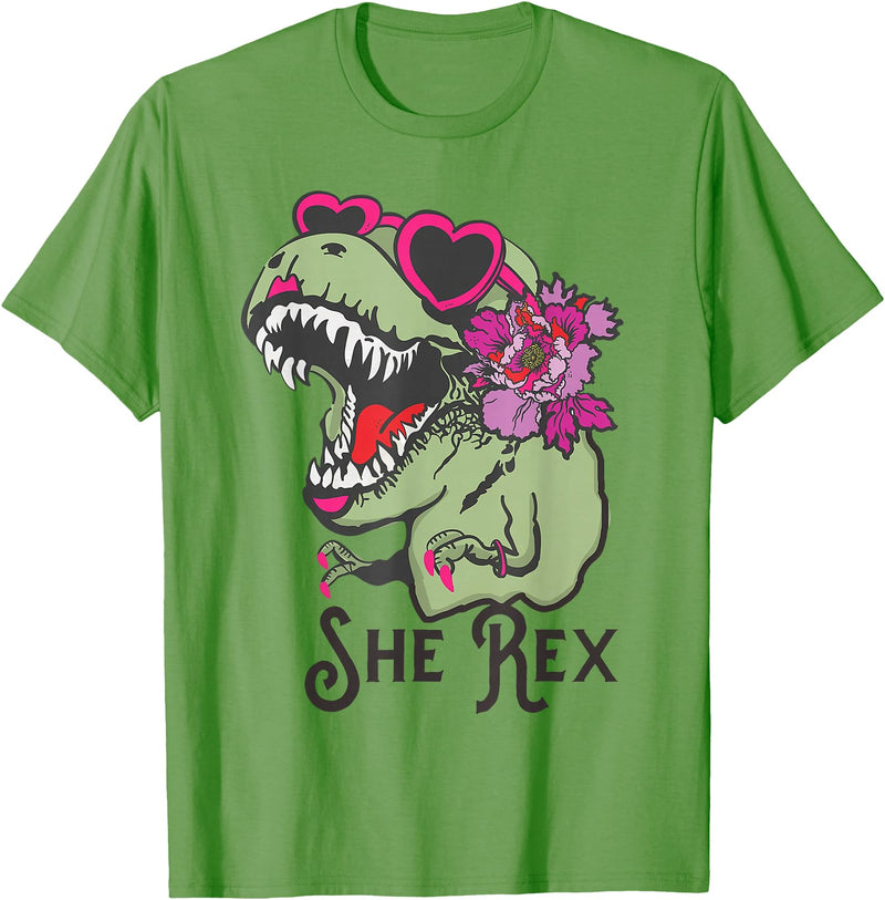 Girl T Rex Girl Dinosaur Flower Dino She Rex T-Shirt - Grass Green