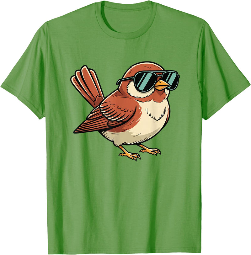 Chipper Feather Co Bird: Sparrow in Sunglasses, Cool Cartoon Avian Attitude T-Shirt - Grass Green