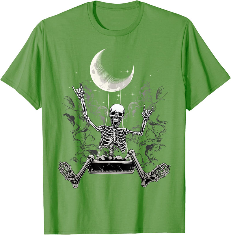 Skeleton Love Halloween Moon Skeleton Rock On Hand Spooky Halloween Rock Concerts T-Shirt - Grass Green