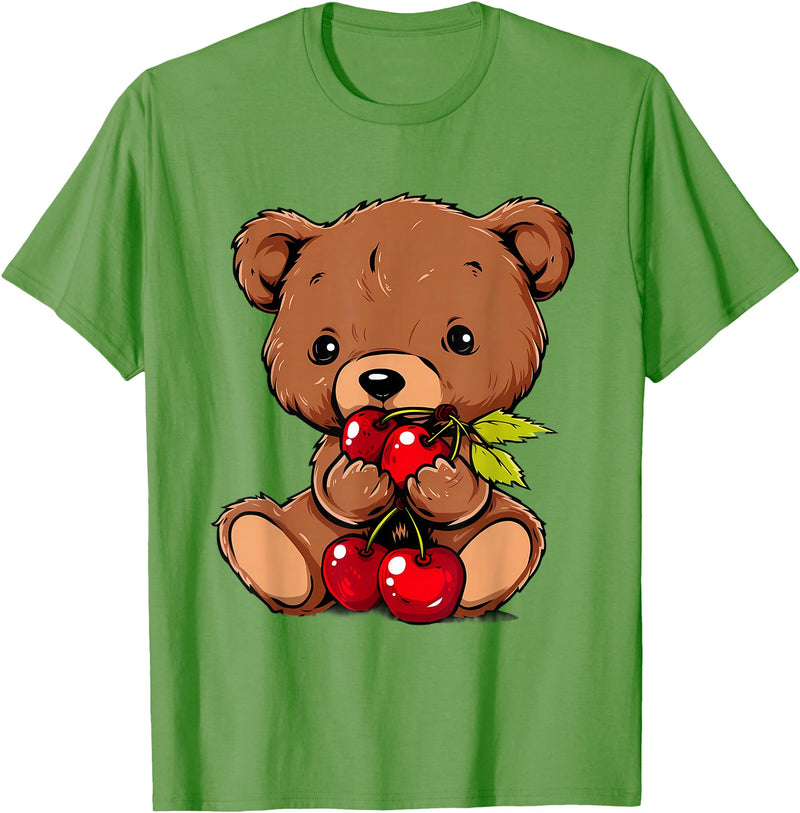 Cute Cherry Animals Cherry Bear Cute Bear Nature Cherry Fruit Artwork Wildlife T-Shirt - Grass Green