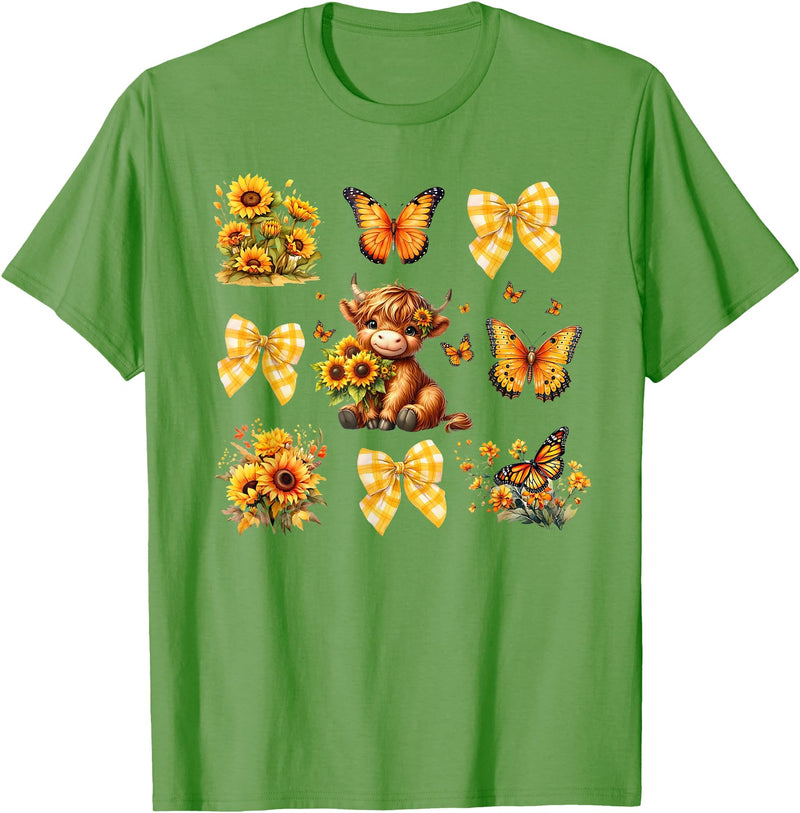 Coquette Bow Scottish Highland Cow Sunflower Shirt Baby Highland Cow With Sunflower Butterflies Farm Western T-Shirt - Grass