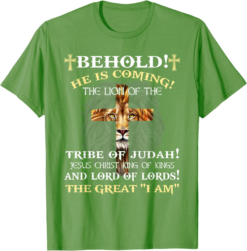 Behold He Is Coming The Lion Of The Tribe Of Judah T-Shirt - Grass Green