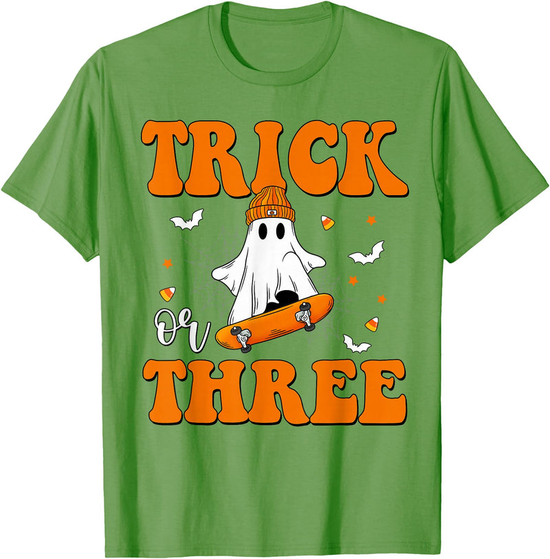 3 Year Old Boy Birthday Gift For Spooky Boys Kids Trick or Three 3rd Halloween Birthday Ghost Skateboarding T-Shirt - Grass