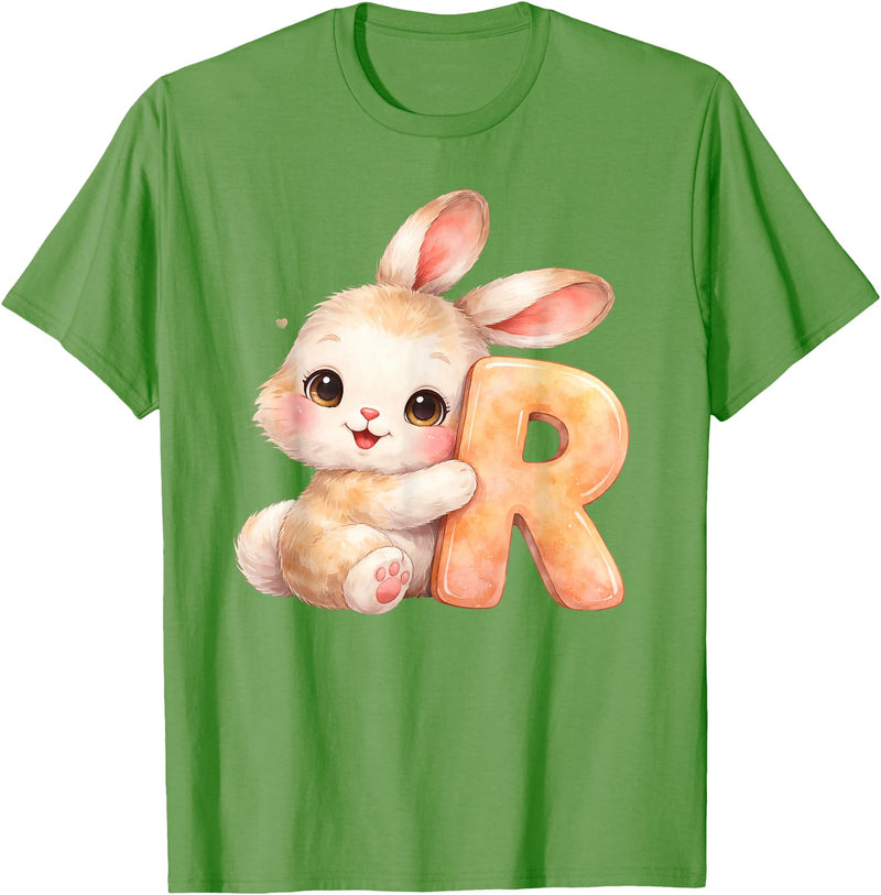 Letter R Rabbit Watercolor Cute Baby Animal Alphabet Initial T-Shirt in Grass Green