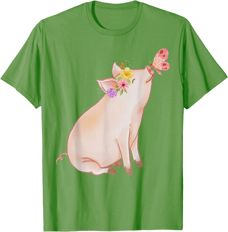 Watercolor Pink Pig With Floral And Butterfly Farm Design T-Shirt - Grass Green