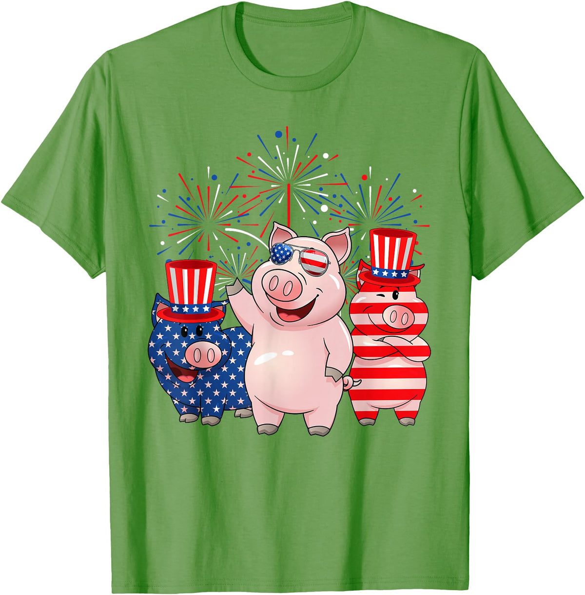 Ohia Three Patriotic Pigs USA Independence Day Tee Funny Red White Blue Pig American Flag Farmer 4th Of July T-Shirt - Grass Green