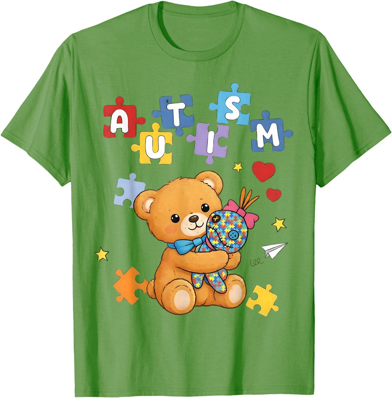 Cute Autism Awareness Puzzle Cute Autism Awareness Bear Colorful Puzzle T-Shirt - Grass Green
