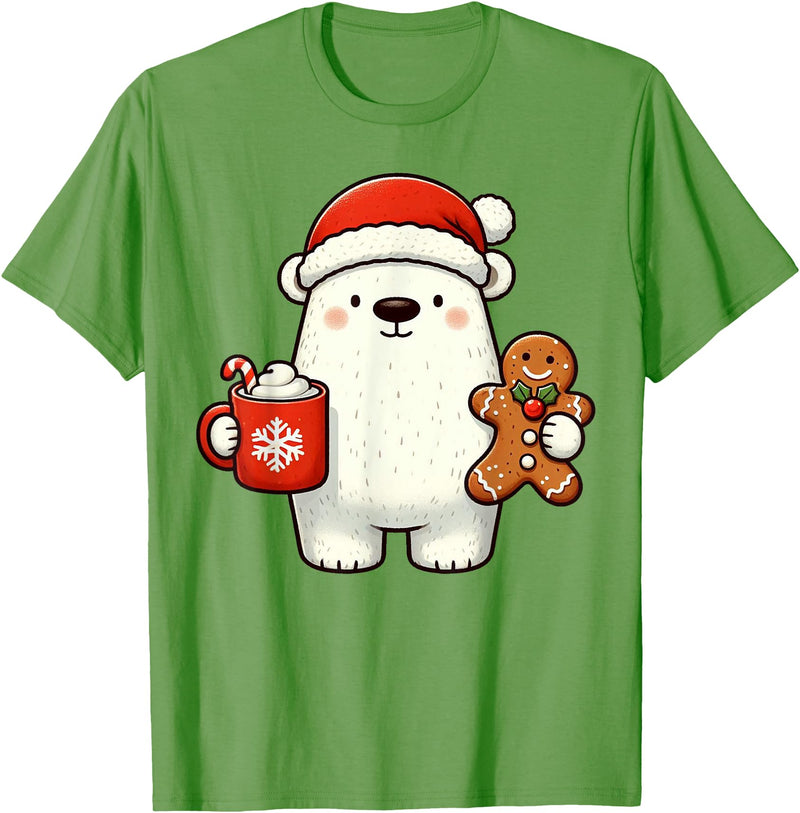 Cute Polar Bear Beanie Christmas Kawaii Japanese Polar Bear Santa Hat Christmas Holiday Xmas Coffee Cookies T-Shirt - Grass Green