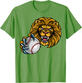 Lion Sports Team Mascot Baseball or Softball Ball Lion Sports Lions Team Mascot Holding Baseball Softball Ball T-Shirt - Grass Green