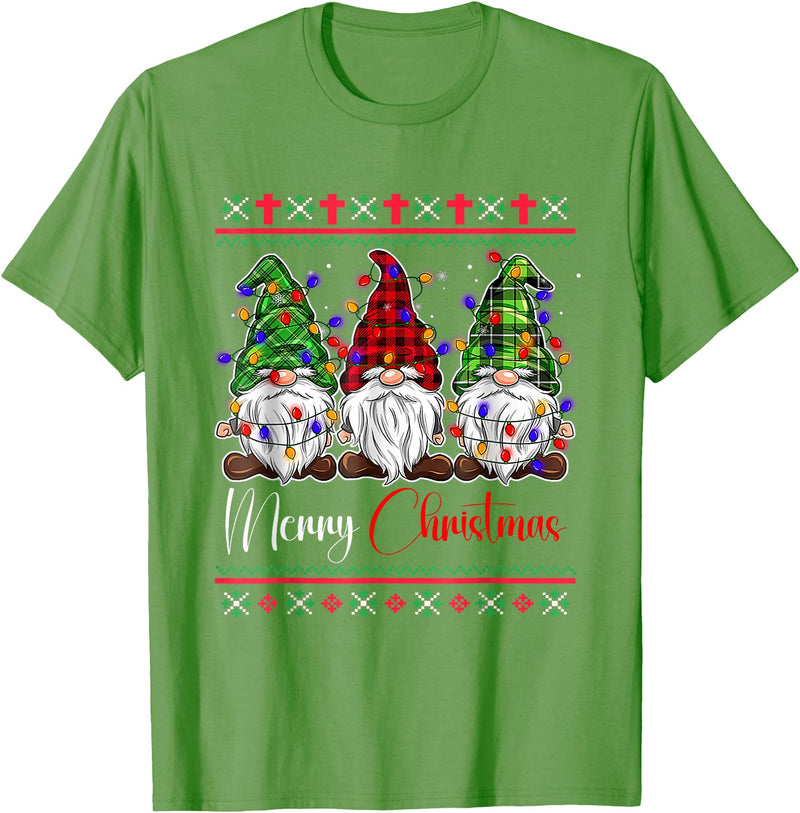 Xmas Lights Gnomes Holiday Graphics Merry Christmas Leopard Buffalo Red Plaid for Men Women T-Shirt - Grass Green