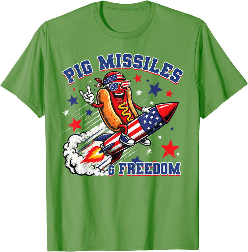 Pig Missiles and Freedom 4th of July Patriotic Hotdog T-Shirt - Grass Green