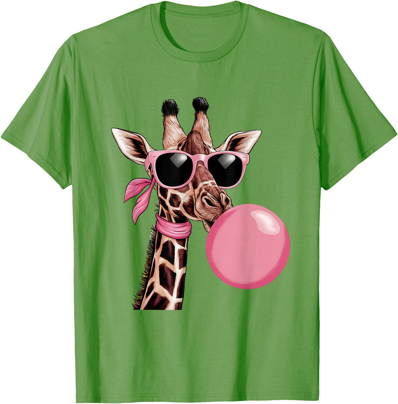 Funny Giraffe Lover Design Outfit Funny Cute Giraffe Pink Bubble Gum and Pink Sunglasses T-Shirt - Grass Green