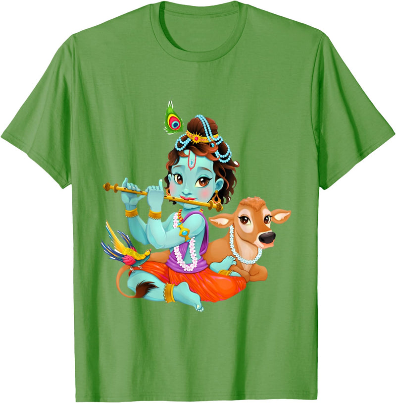 Clever Witty Designs Hindu god Lord Shri Krishna with a Cow and a Bird T-Shirt - Grass Green