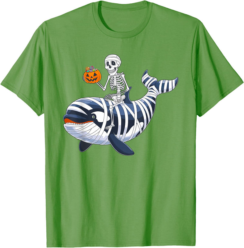 Orca Skeleton Halloween Whale Apparel Co. Skeleton Riding Mummy Orca Halloween Candy Whale T-Shirt - Grass Green