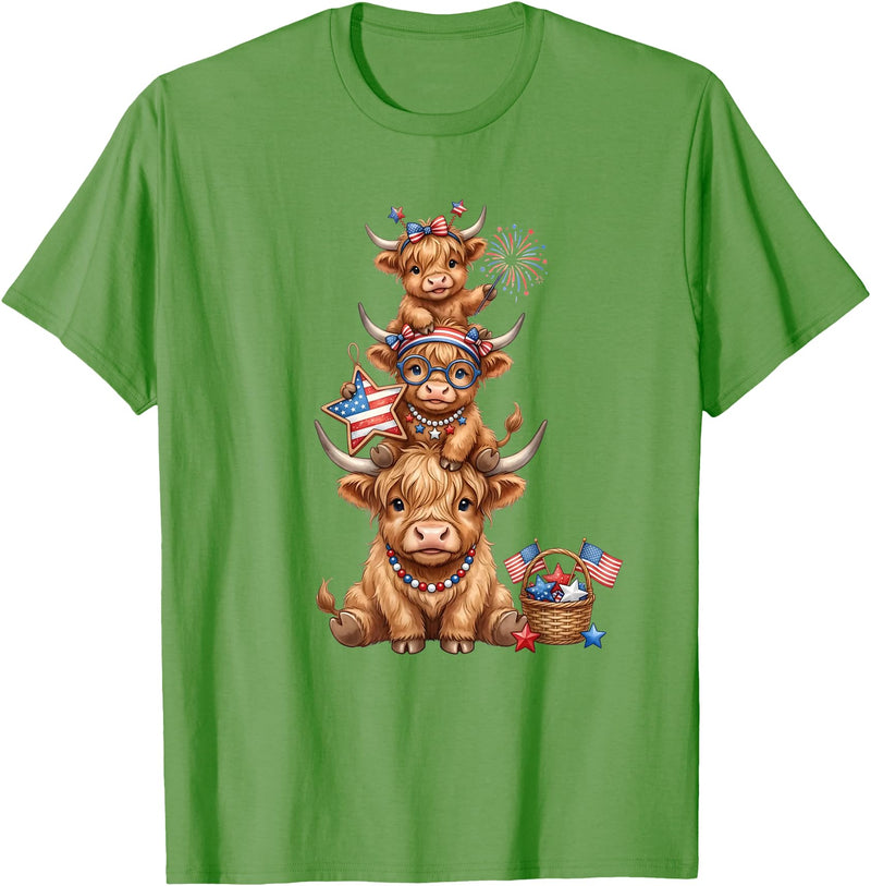 Funny 4th Of July Highland Cow Apparel Cute Highland Cow 4th of July Patriotic American Flag T-Shirt - Grass Green
