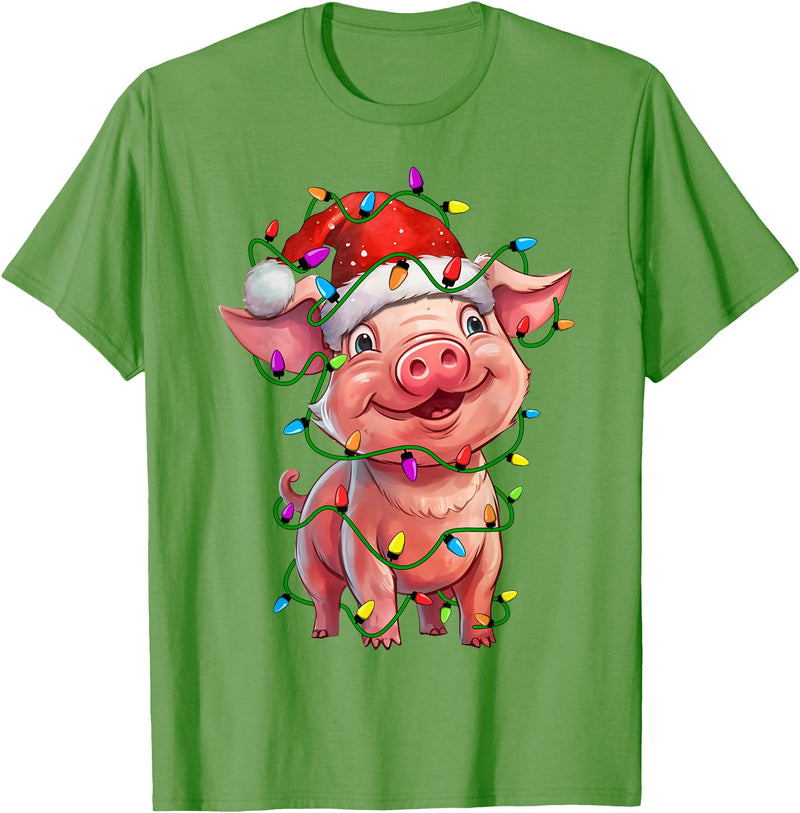 Pig Lovers Christmas Tree Lights Pig Santa Christmas Tree Lighting Xmas Funny T-Shirt - Grass Green