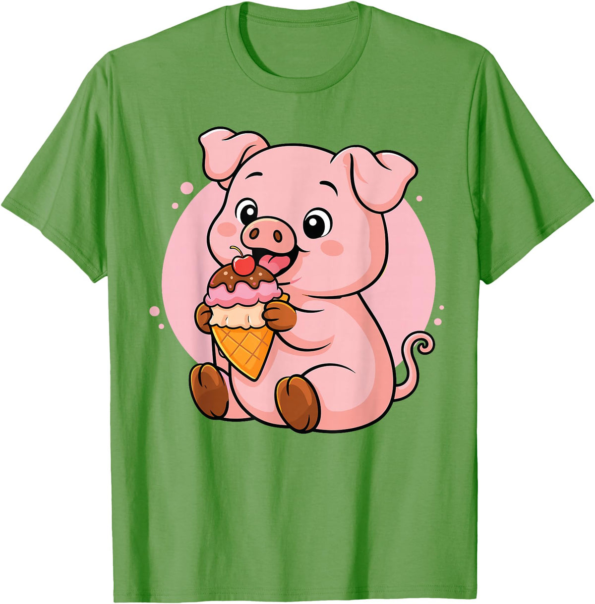 Funny Cute Pig Ice Cream Kawaii Design Pig Eating Ice Cream Graphic Boys Girls Pig Lover T-Shirt - Grass Green